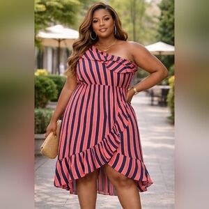 Asymmetrical Striped Dress in Red and Blue